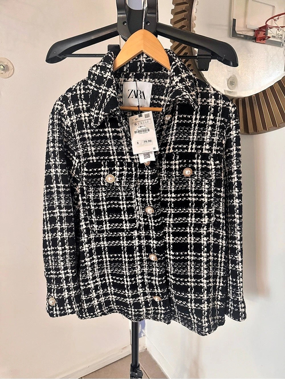 Zara Textured Tweed Overshirt Black & White Small